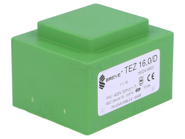 Transformator: ingegoten; 16VA; 400VAC; 24V; 666,6mA; PCB; IP00 Transformator: ingegoten; 16VA; 400VAC; 24V; 666,6mA; PCB; IP00